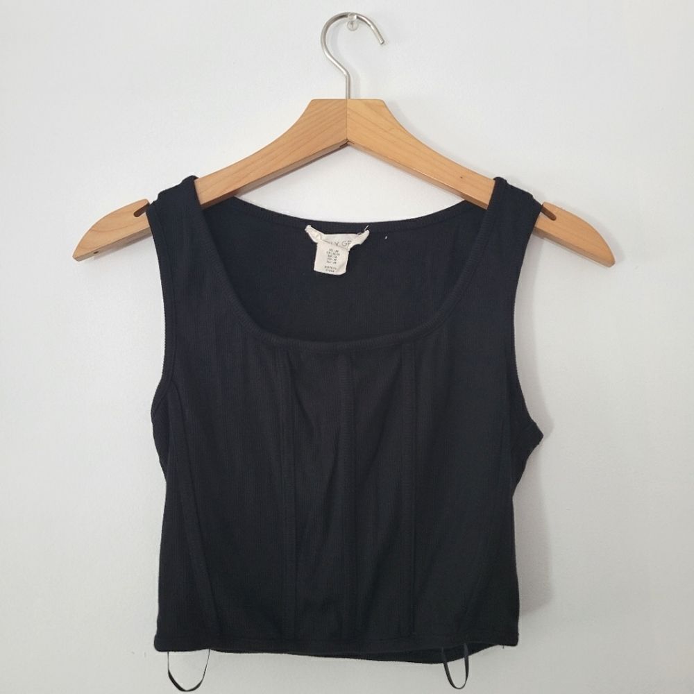 Happily Grey Black Corset Cropped Tank Top M Boning Ribbed